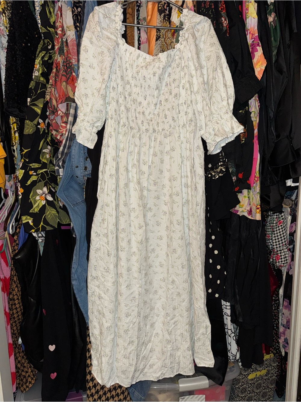H&M Smocked Square-Neck Maxi Dress in Ivory Floral